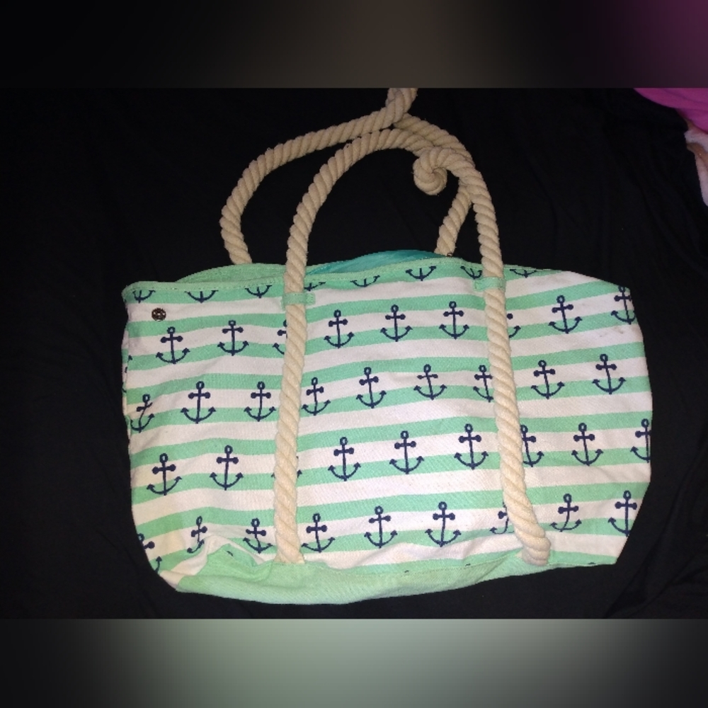Beach Bag With White And Mint Green Stripes  Has Rope Handles